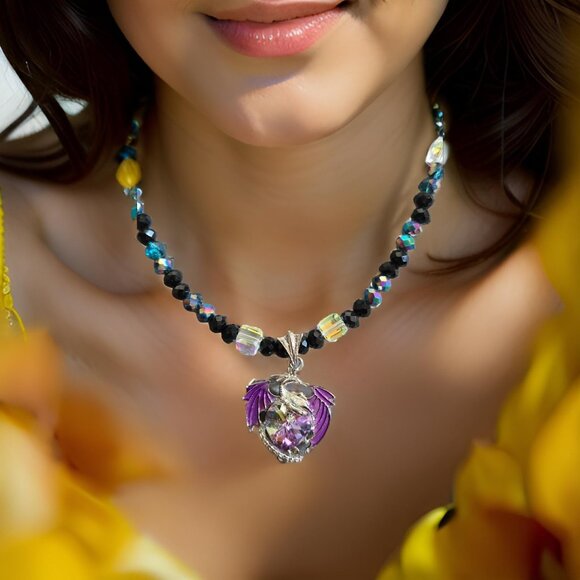 Purple/Black /Crystal Necklace w Dragon pendant  20 inch - Picture 2 of 2